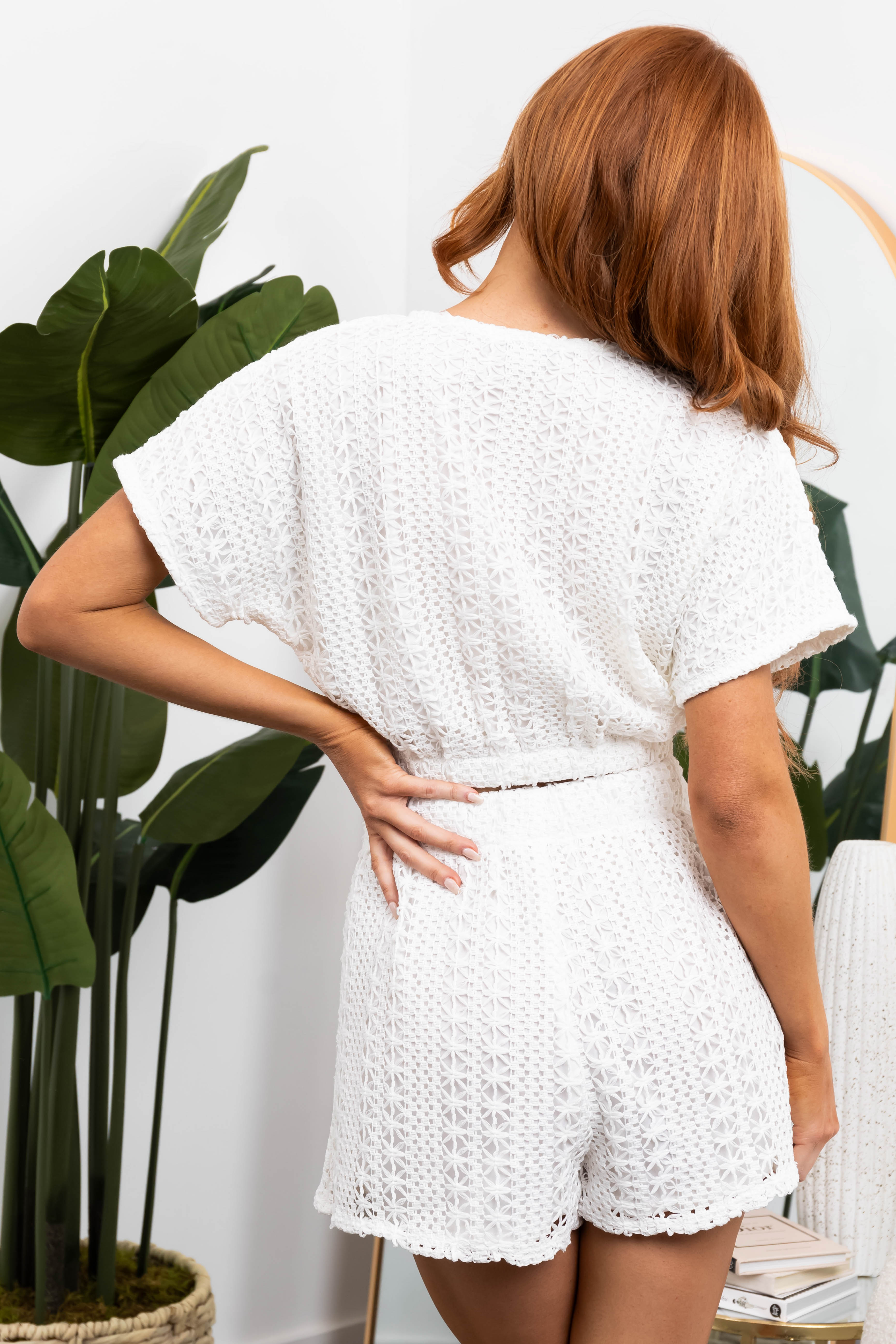 White Crochet Surplice Crop Top and Shorts Set