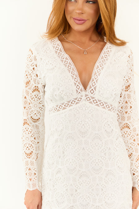 White Deep V Long Sleeve Lace Short Dress