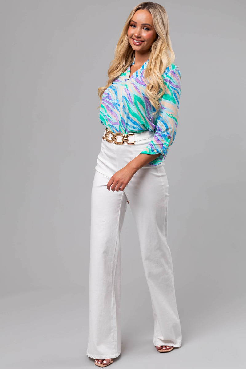 White Denim High Waisted Wide Leg Gold Belt Pants