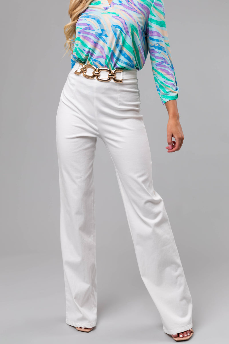 White Denim High Waisted Wide Leg Gold Belt Pants