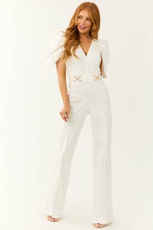 White Denim Jumpsuit with Shell Sleeves