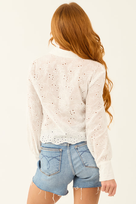 White Eyelet Button Down Scallop Hem Long Sleeve Top