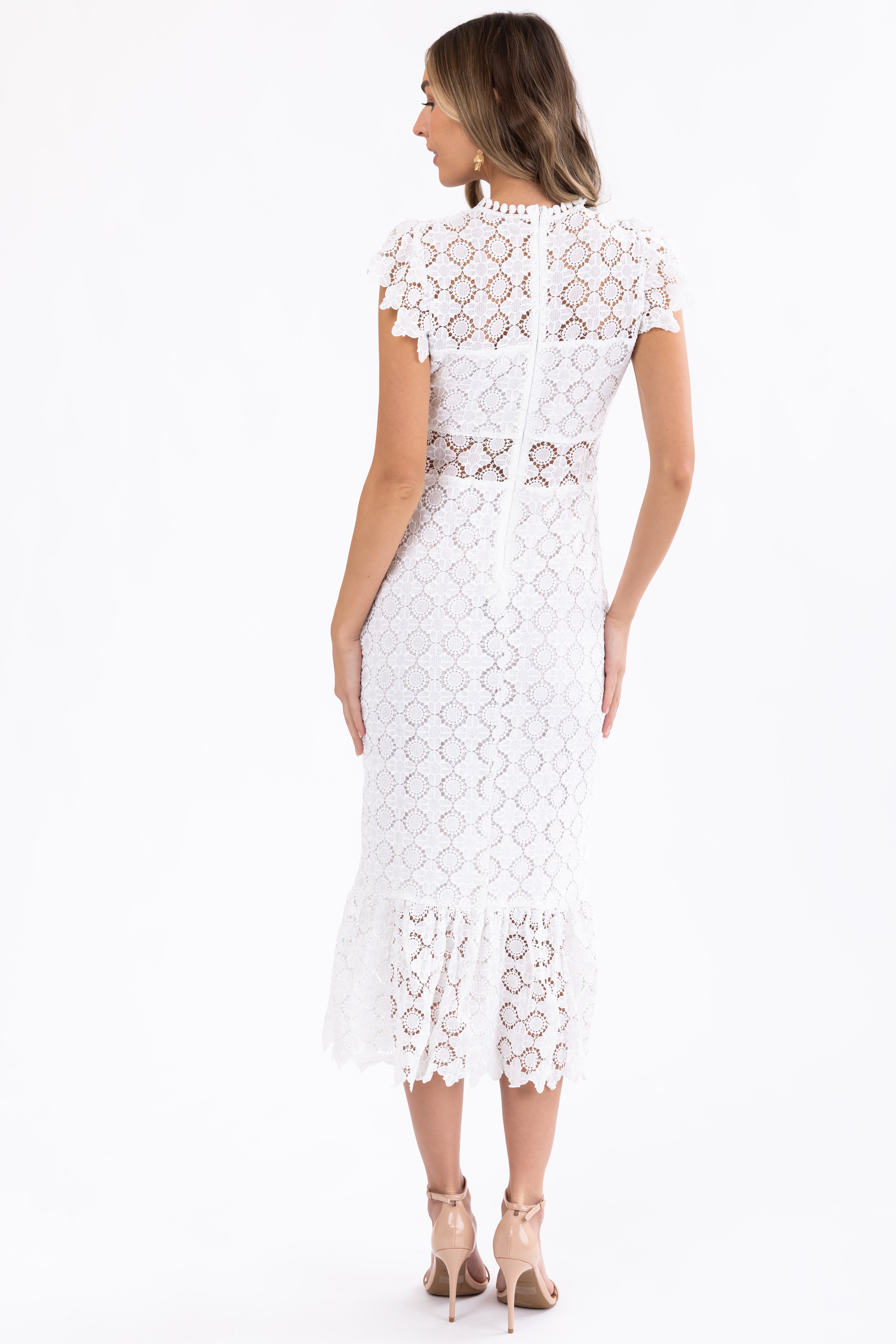 White Eyelet Lace Ruffle Hem Midi Dress