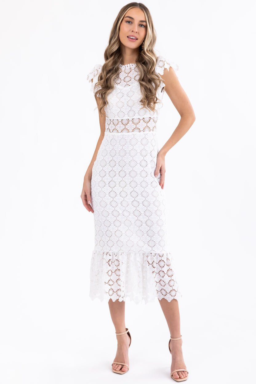 White Eyelet Lace Ruffle Hem Midi Dress