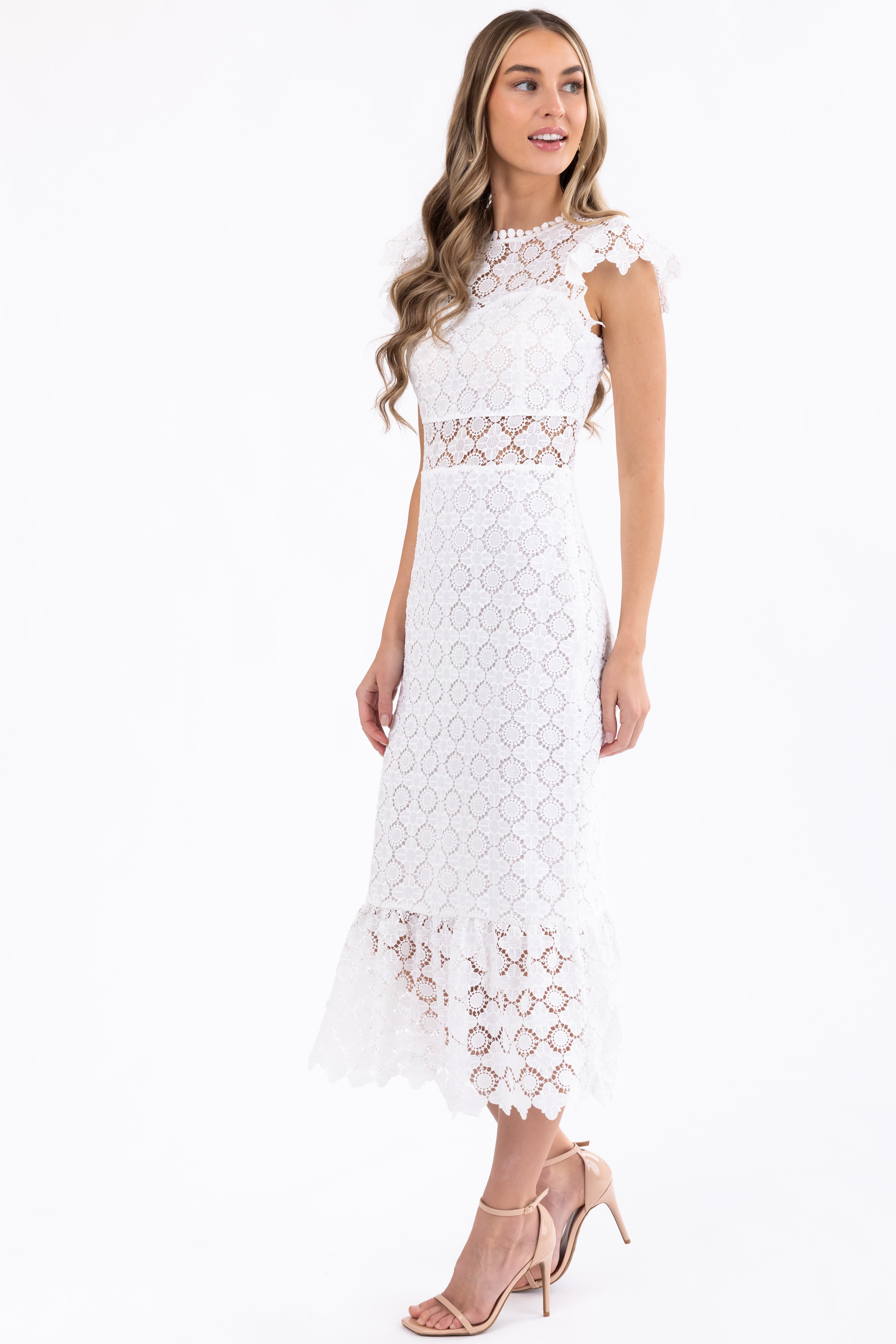 White Eyelet Lace Ruffle Hem Midi Dress