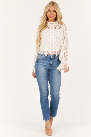 White Floral Lace Flared Cuff Long Sleeve Top