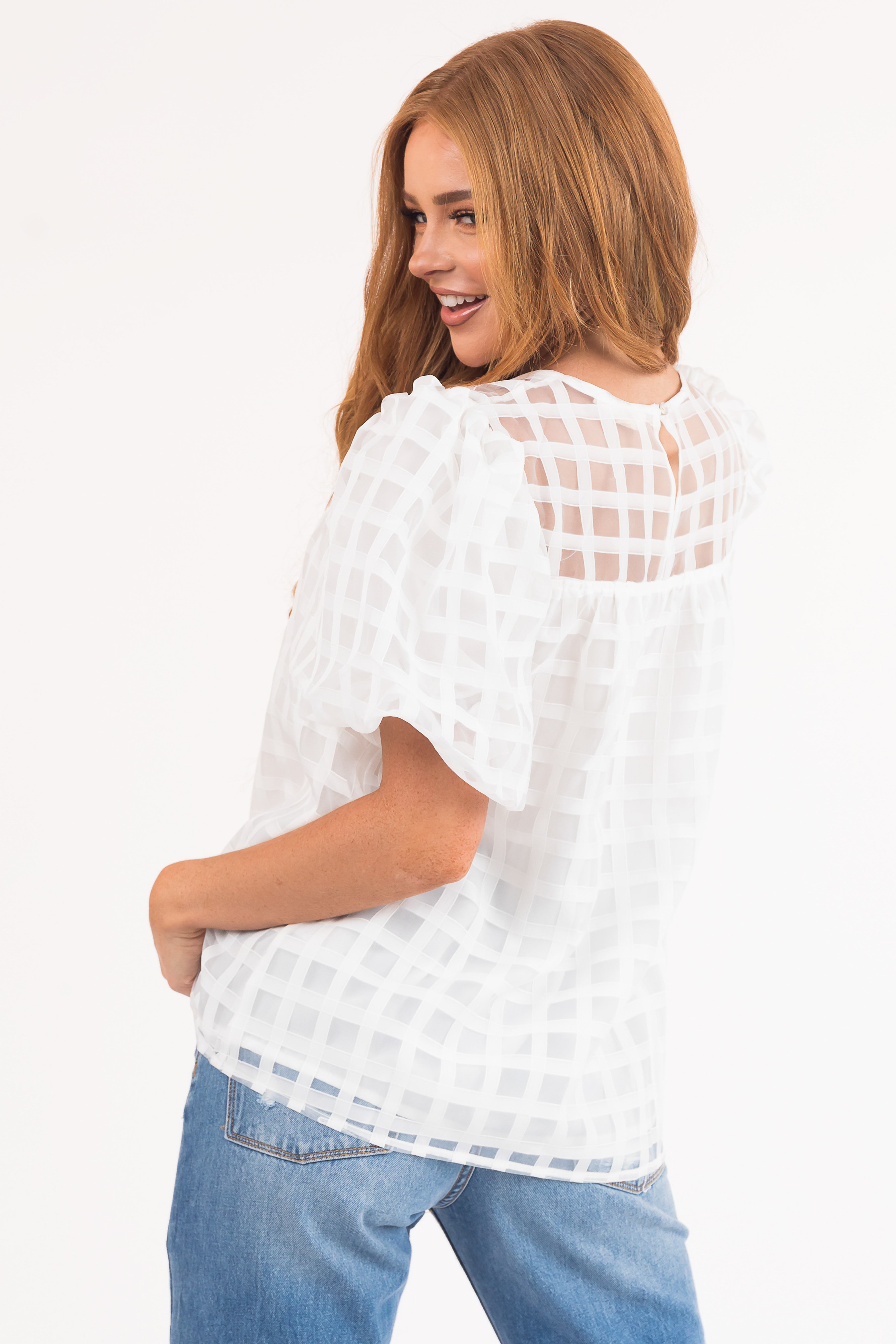 White Gingham Textured Puff Sleeve Yoke Woven Top