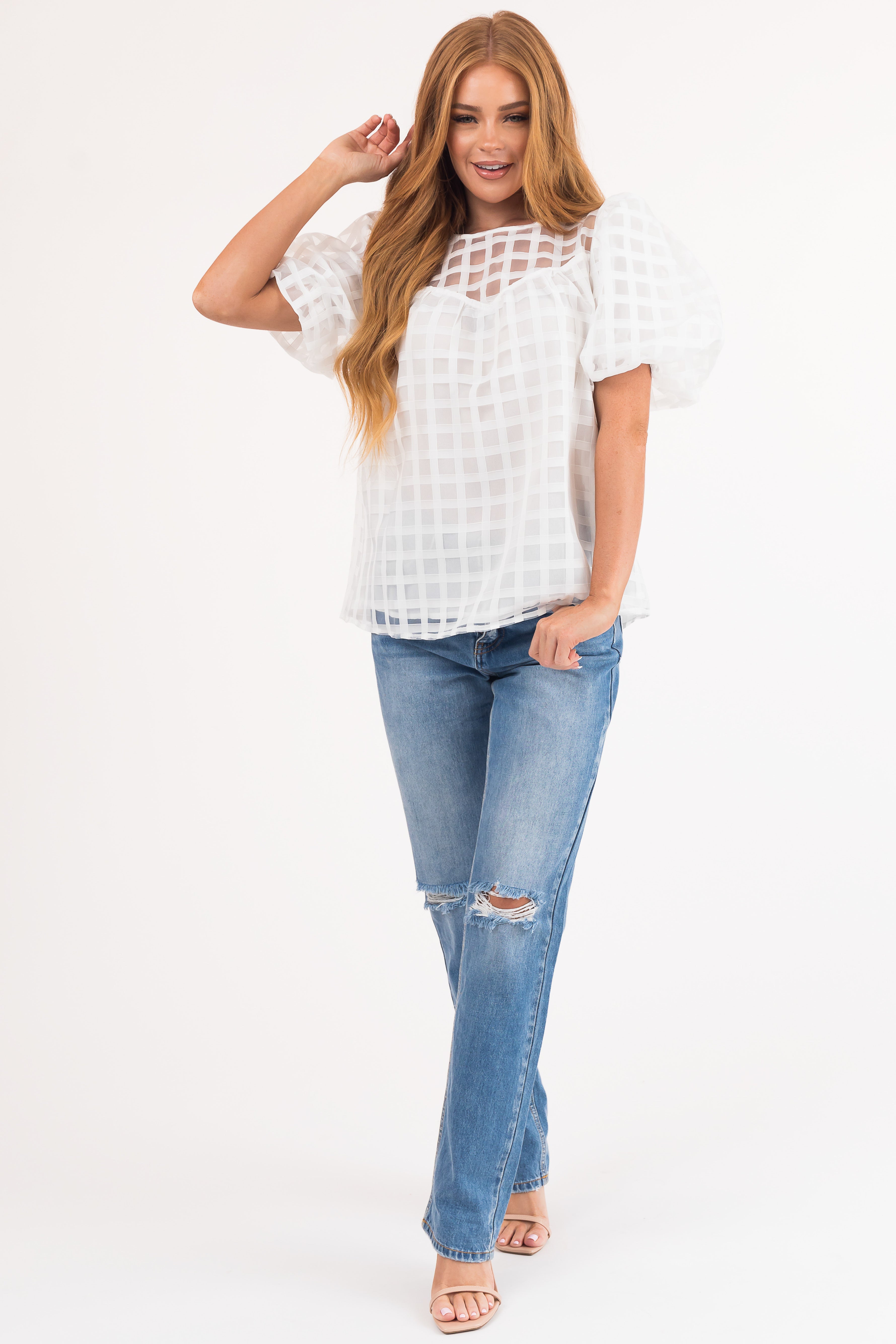 White Gingham Textured Puff Sleeve Yoke Woven Top