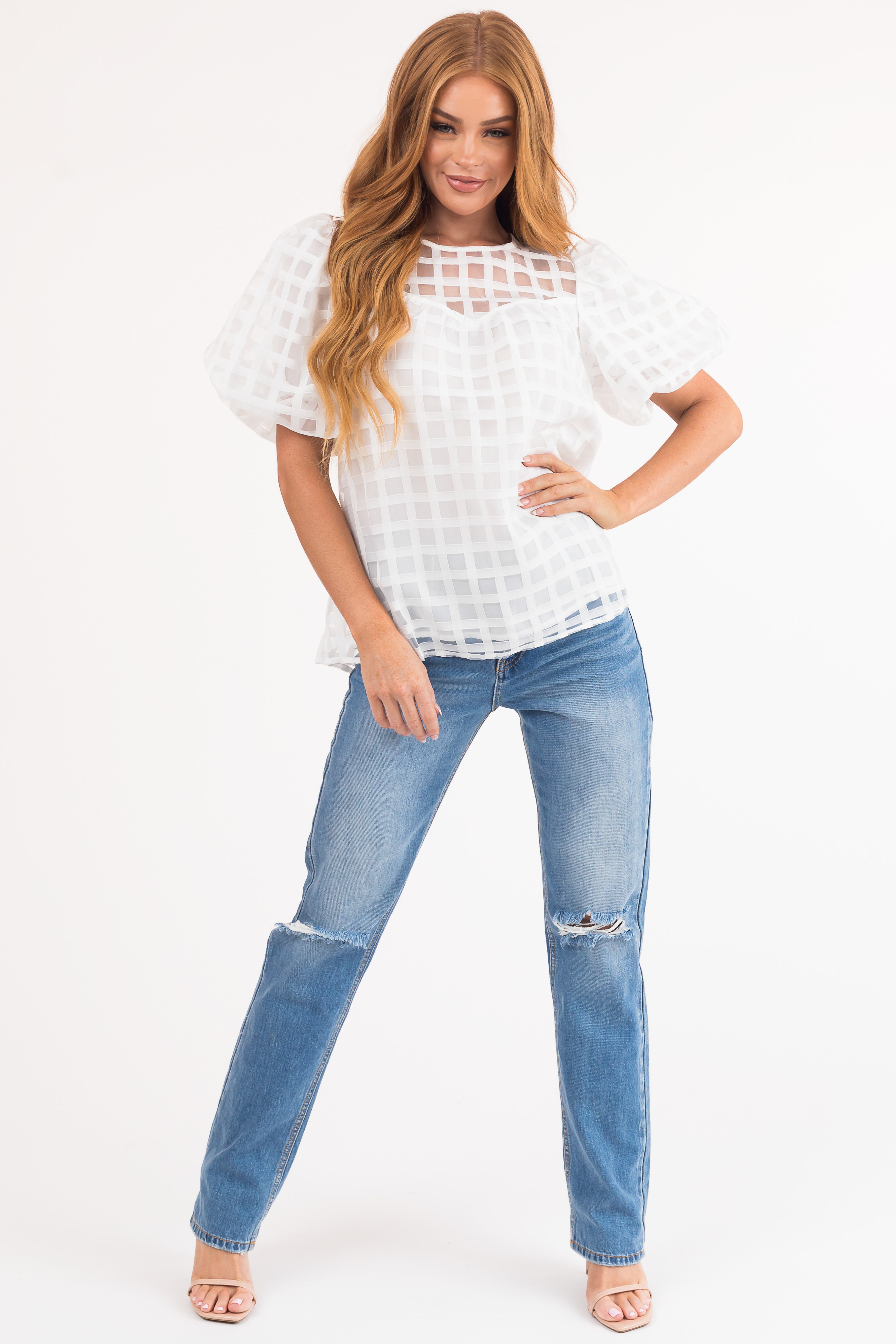 White Gingham Textured Puff Sleeve Yoke Woven Top