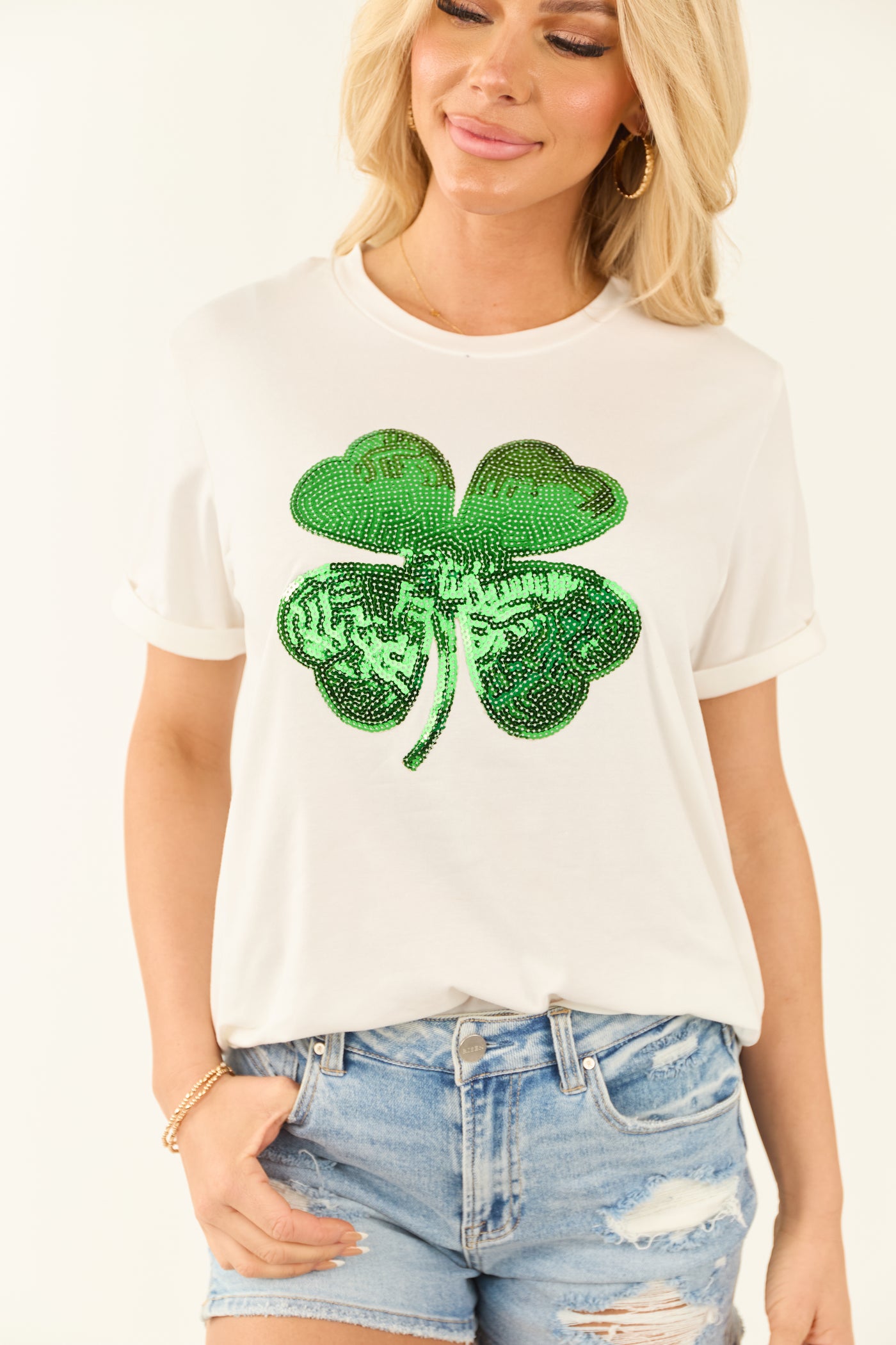 White Graphic Sequin Clover Short Sleeve Top