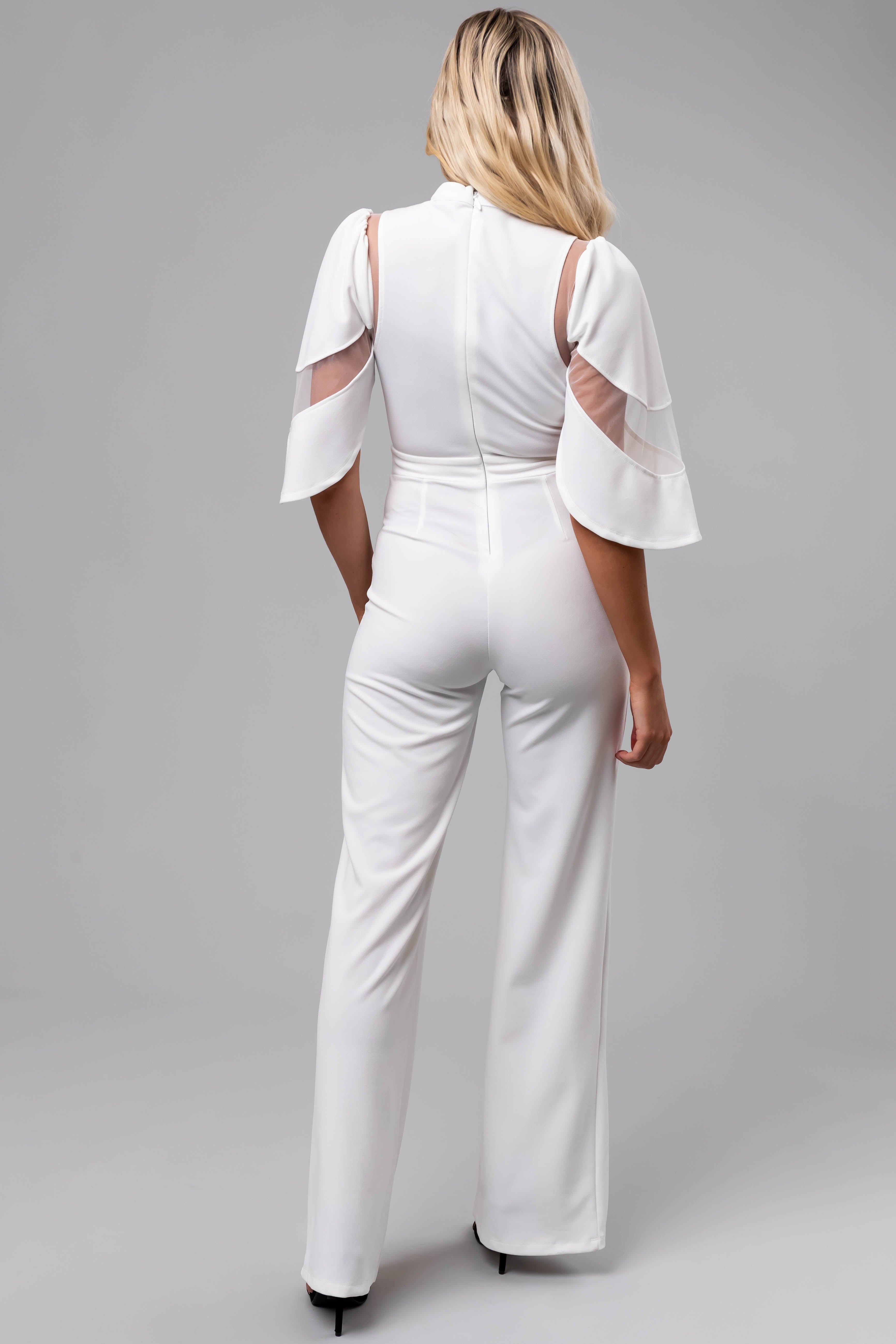 White Half Flutter Sleeve Sheer Detail Jumpsuit