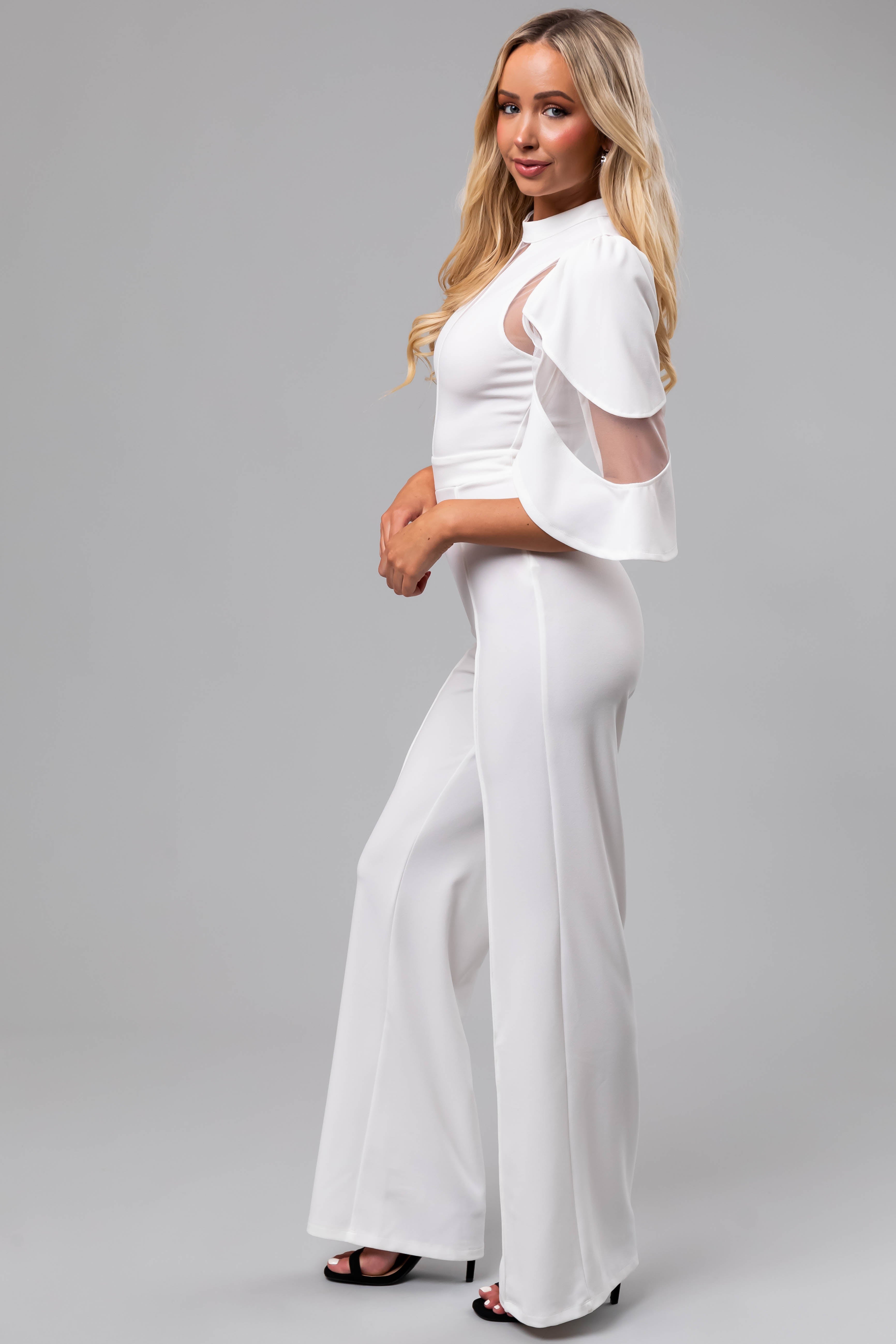 White Half Flutter Sleeve Sheer Detail Jumpsuit