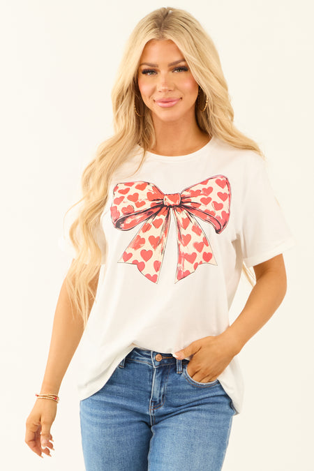 White Heart Printed Bow Graphic Tee Shirt