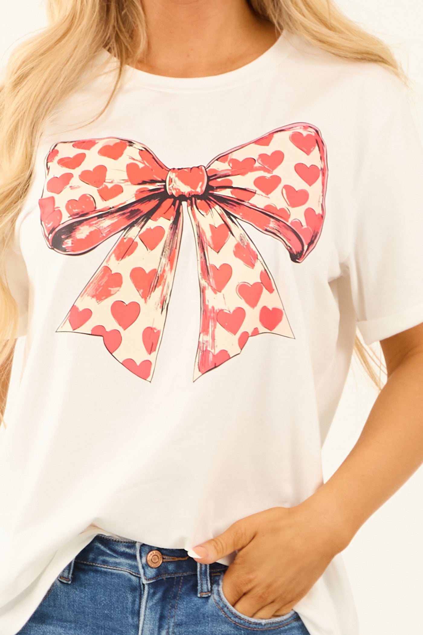 White Heart Printed Bow Graphic Tee Shirt