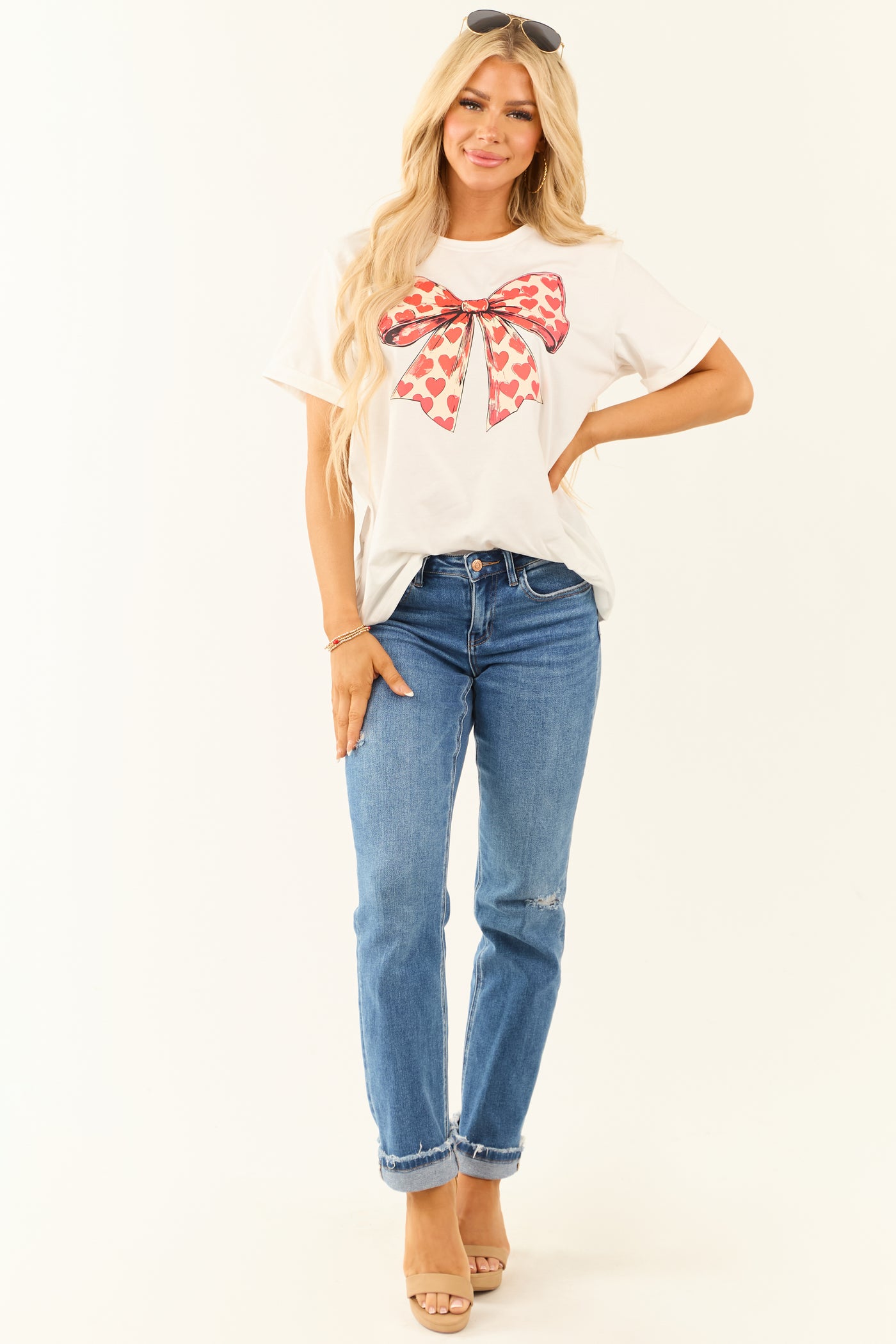 White Heart Printed Bow Graphic Tee Shirt