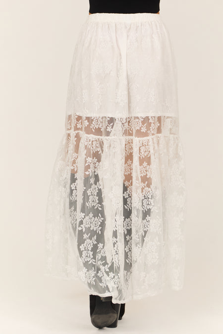 White High Waist Sheer Lace Maxi Skirt