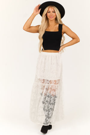 White High Waist Sheer Lace Maxi Skirt