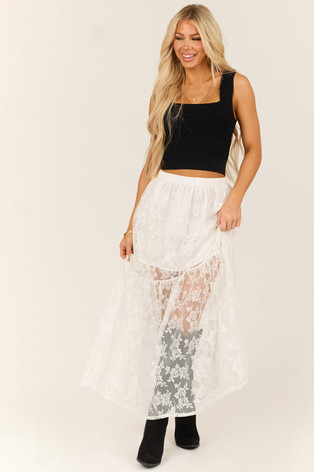 White High Waist Sheer Lace Maxi Skirt