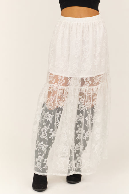 White High Waist Sheer Lace Maxi Skirt