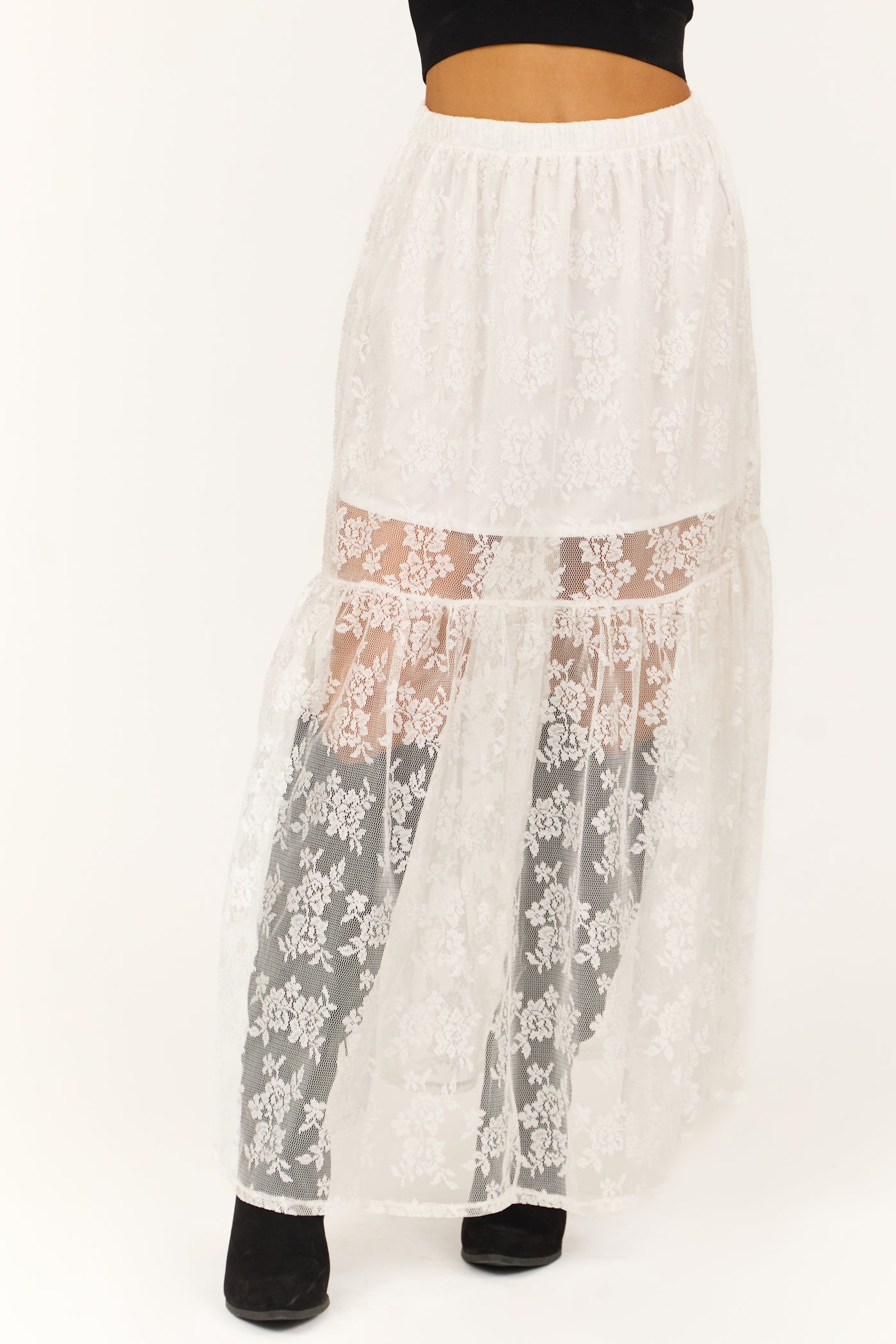 White High Waist Sheer Lace Maxi Skirt