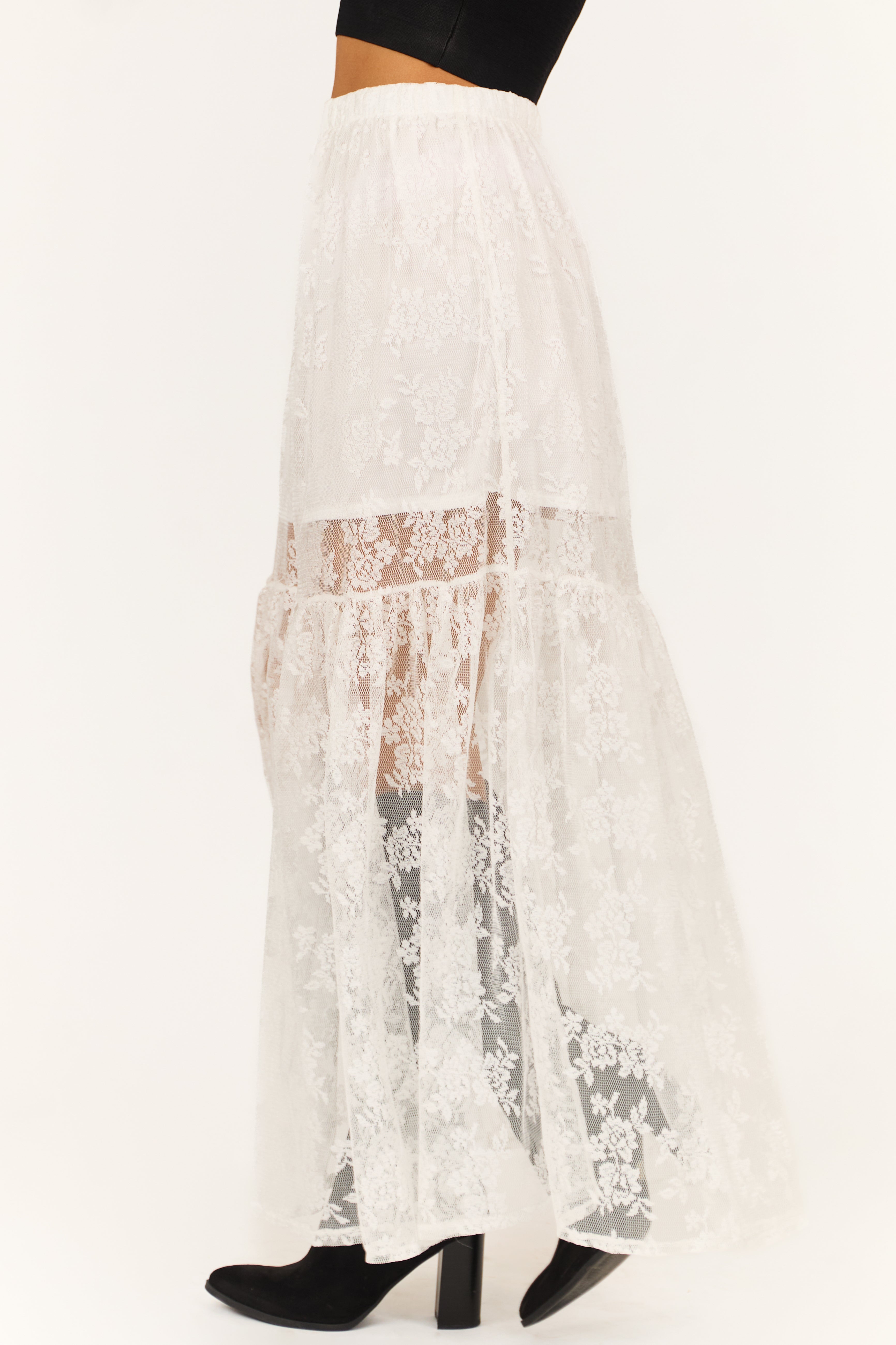 White High Waist Sheer Lace Maxi Skirt