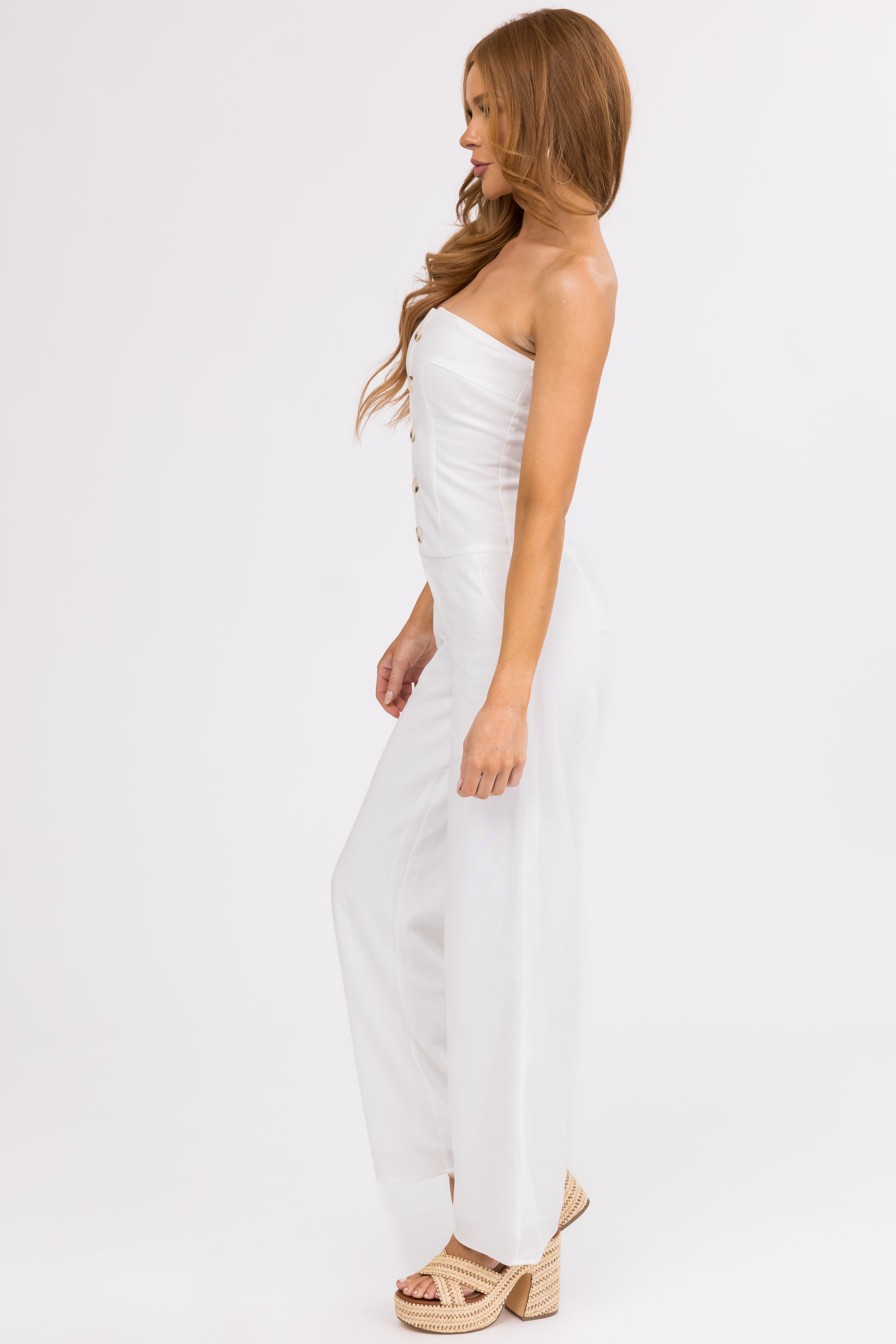 White Linen Strapless Low Waist Jumpsuit