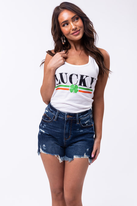 White 'Lucky' Clover Graphic Racerback Tank Top