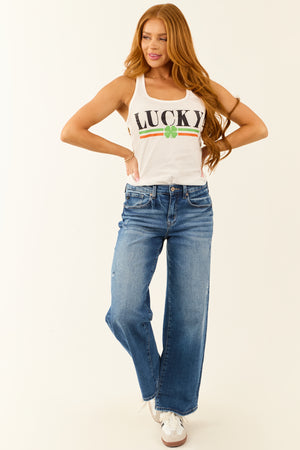 White 'Lucky' Clover Graphic Racerback Tank Top