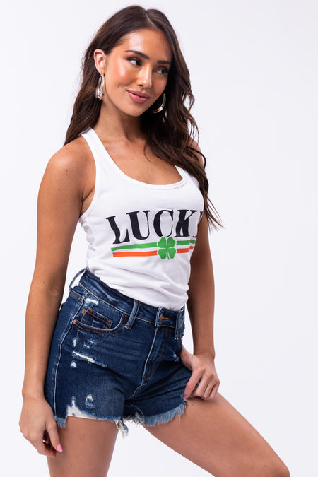 White 'Lucky' Clover Graphic Racerback Tank Top