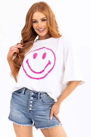 White Neon Smiley Half Sleeve Graphic Tee