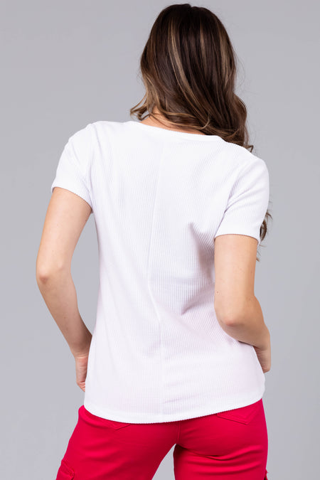 White Notch Neck Short Sleeve Waffle Knit Top