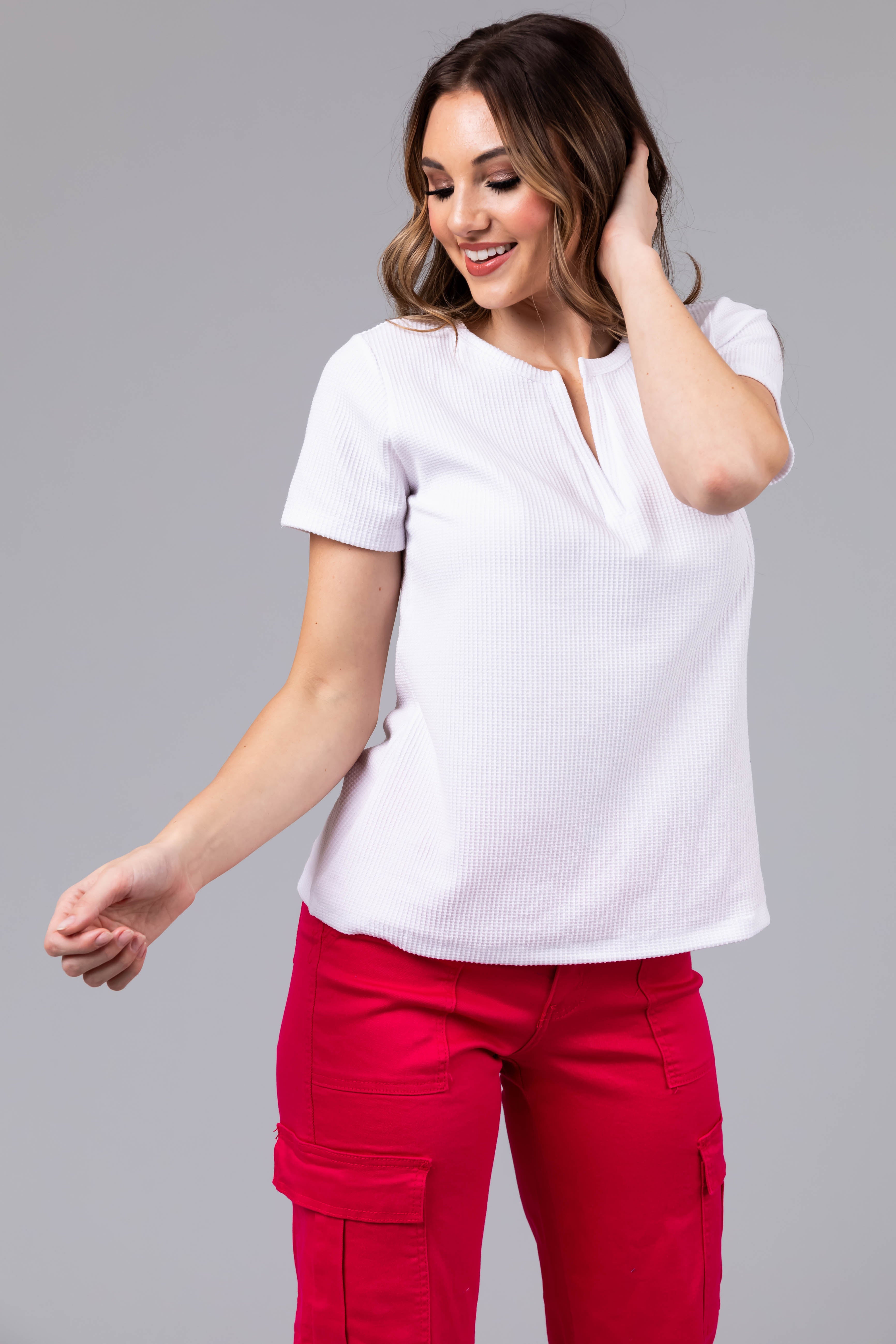 White Notch Neck Short Sleeve Waffle Knit Top