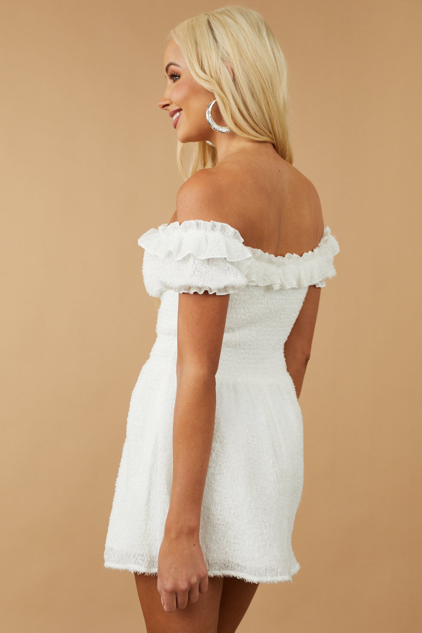 White smocked off deals the shoulder dress