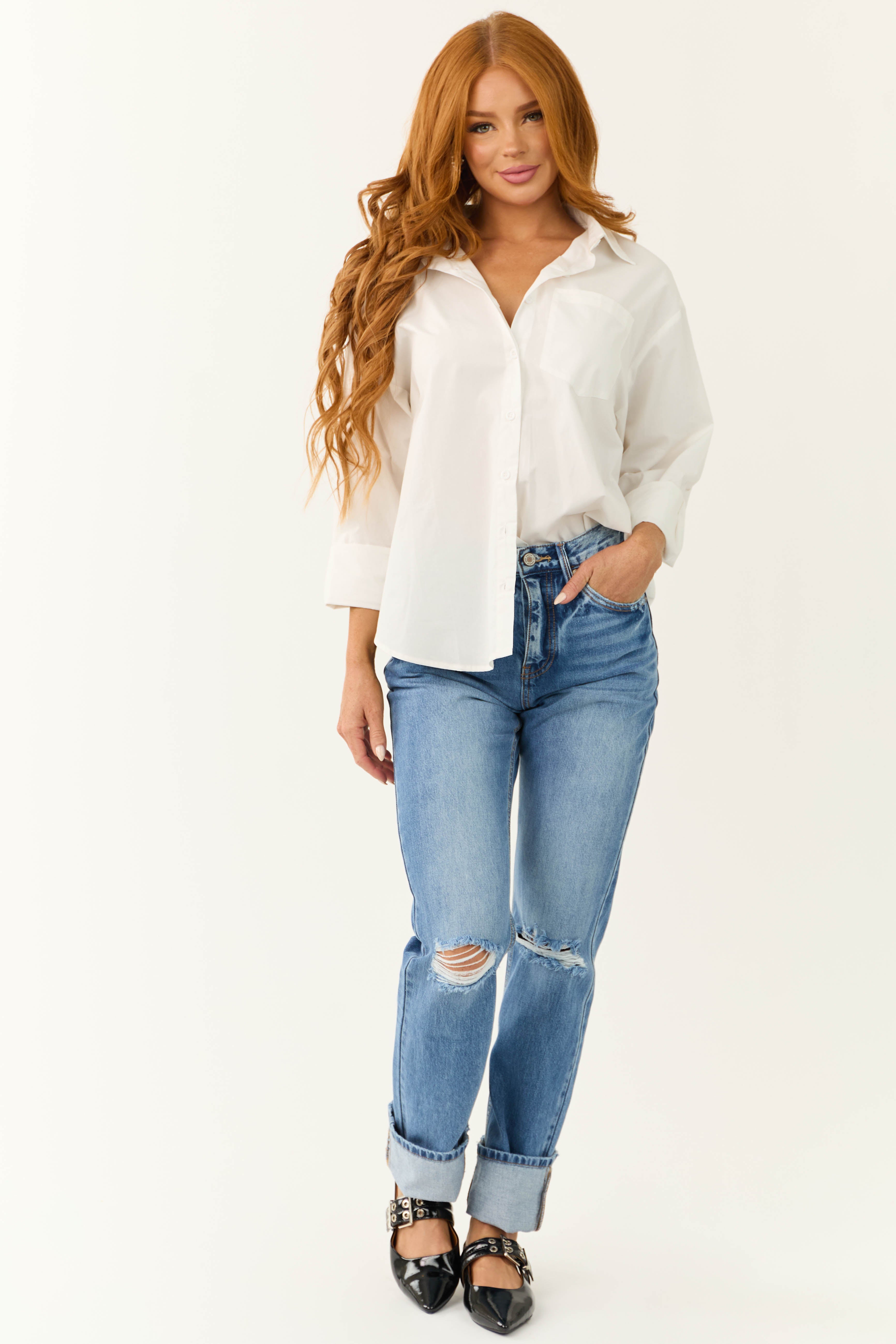 White Oversized Long Sleeve Button Down Blouse