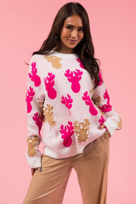 White Pearl Bead Rudolph Christmas Sweater