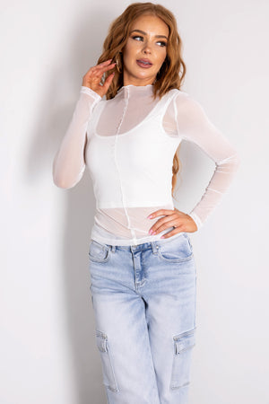 White Ribbed Crop Top with Long Sleeve Overlay