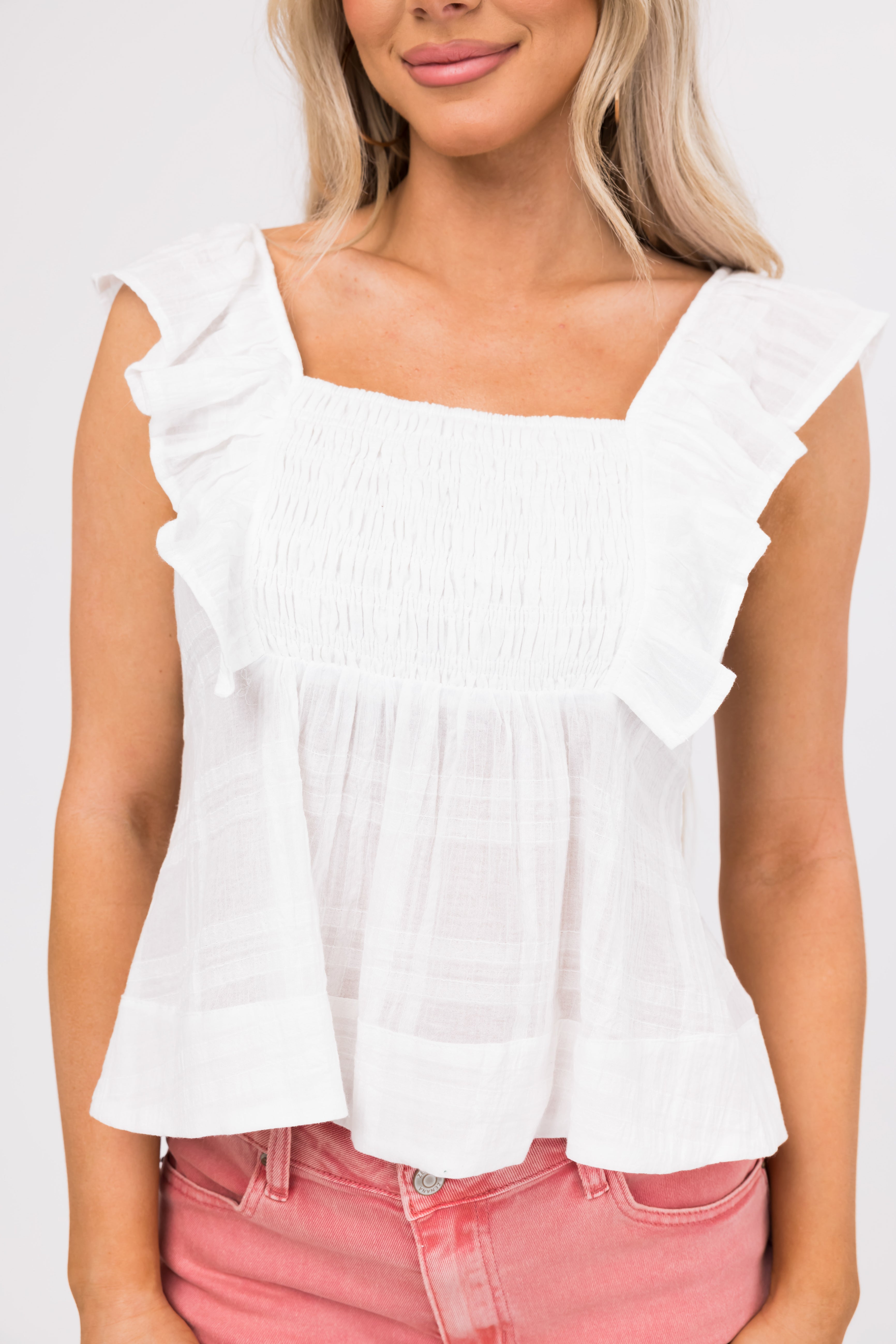 White Ruffled Short Sleeve Smocked Top