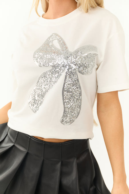 White Sequin Bow Half Sleeve Tee