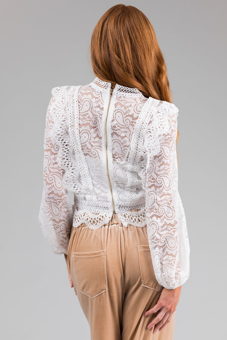 White Sheer Lace Long Bubble Sleeve Blouse