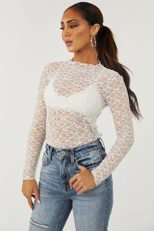 White Sheer Mesh Lace Long Sleeve Fitted Top