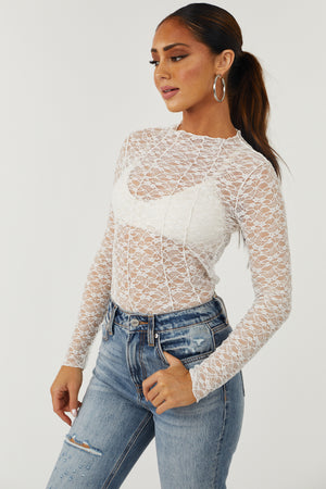 White Sheer Mesh Lace Long Sleeve Fitted Top