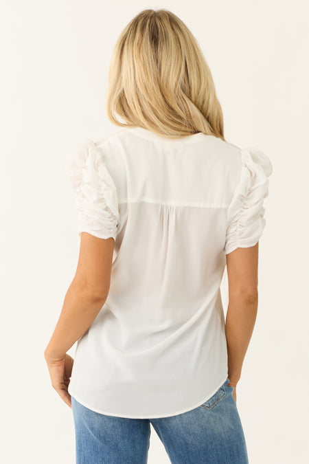 White Short Ruched Sleeve V Neck Blouse