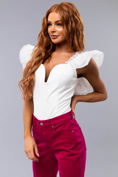 White Short Ruffle Sleeve Bodysuit