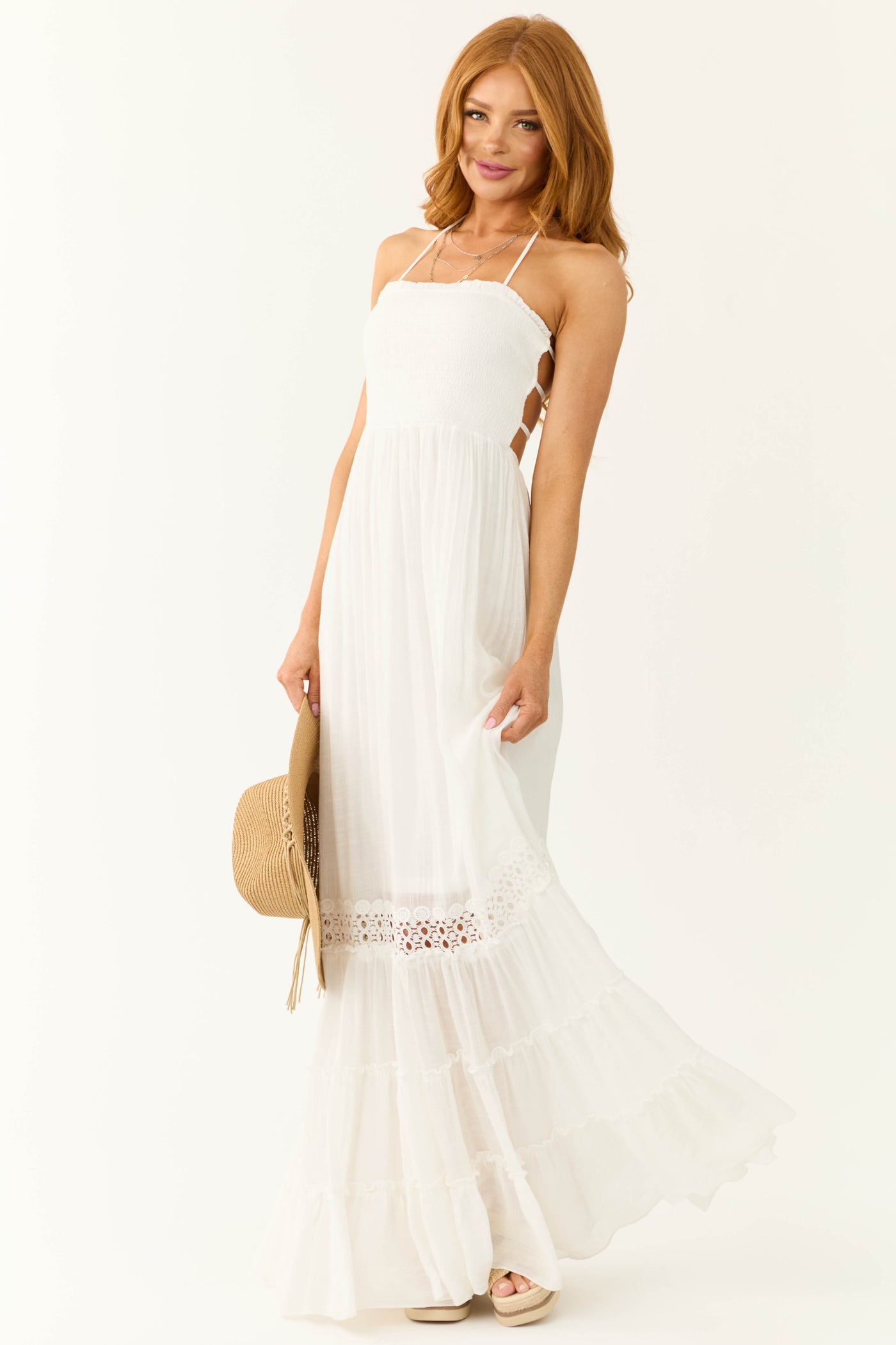 White Sleeveless Tiered Smocked Maxi Dress