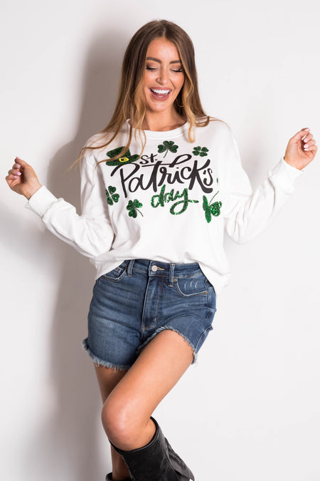 White 'St Patrick's Day' Sequin Graphic Sweatshirt