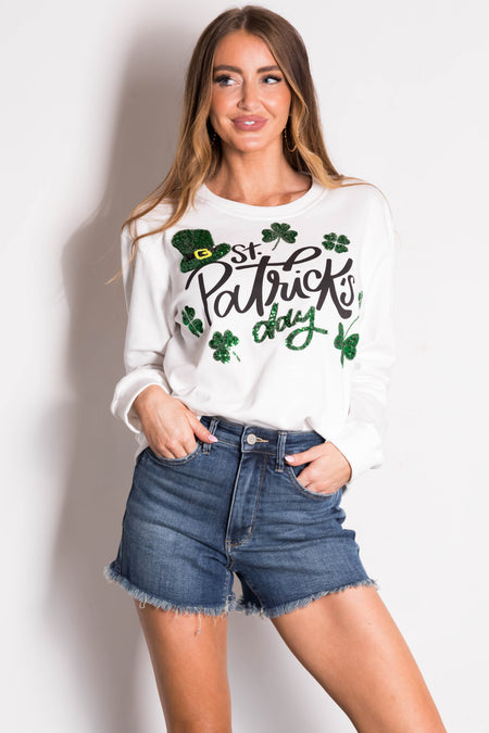 White 'St Patrick's Day' Sequin Graphic Sweatshirt