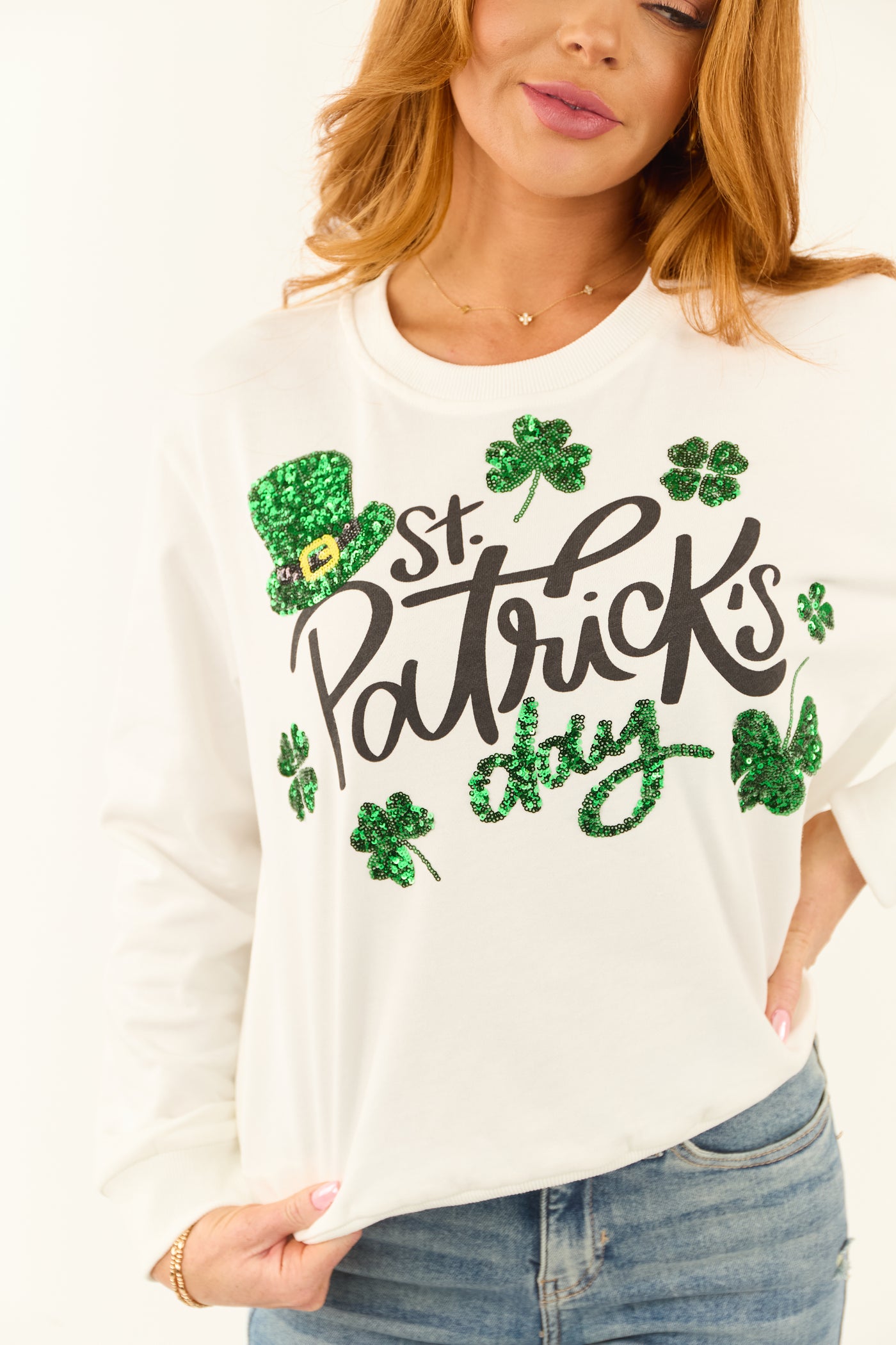 White 'St Patrick's Day' Sequin Graphic Sweatshirt