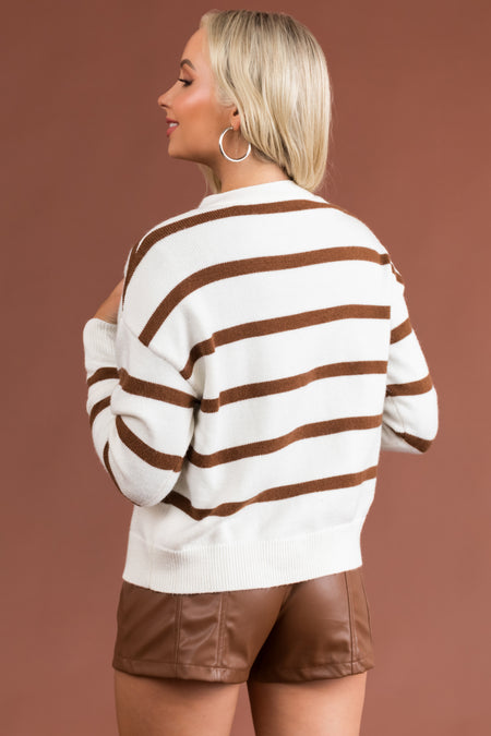 White Striped V Neck Rhinestone Button Up Cardigan