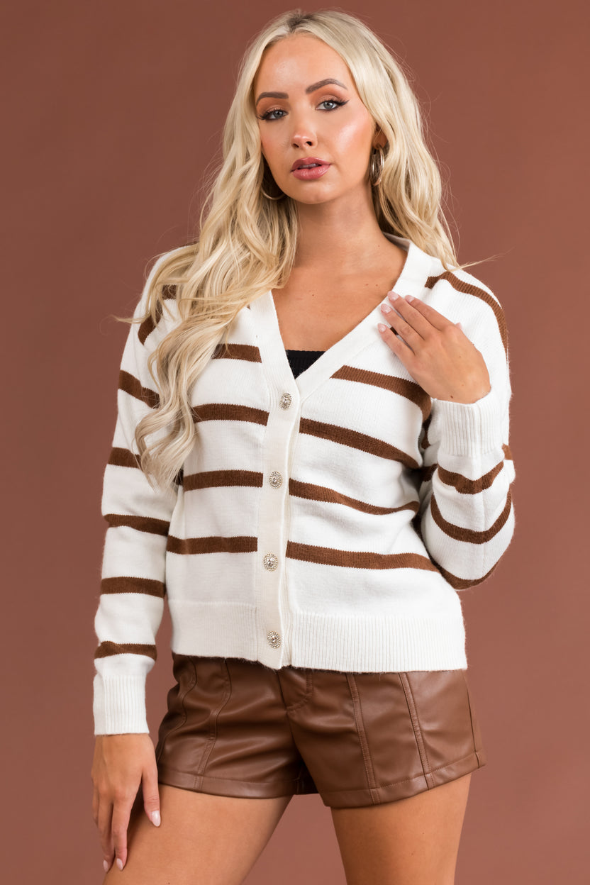 White Striped V Neck Rhinestone Button Up Cardigan