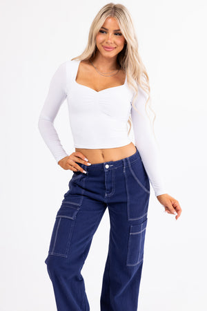 White Sweetheart Neck Long Sleeve Crop Top